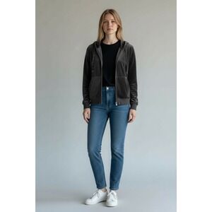DKNY Jeans Hoodie Jacket Black Velour Rhinestone‎ Full Zip Loungewear PM NWOT